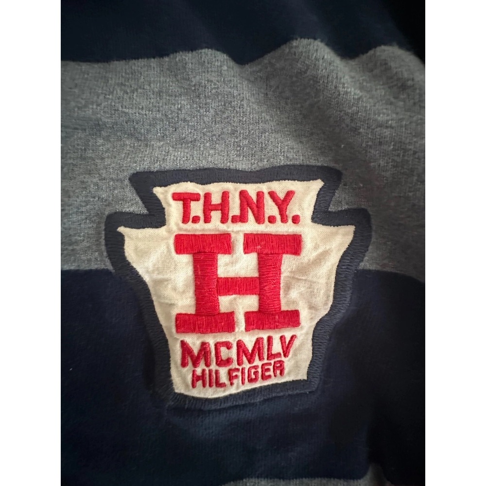 Tommy Hilfiger Rugby Polo Shirt Large L/S Preppy Blue Striped Large Crest Ivy - Picture 4 of 6